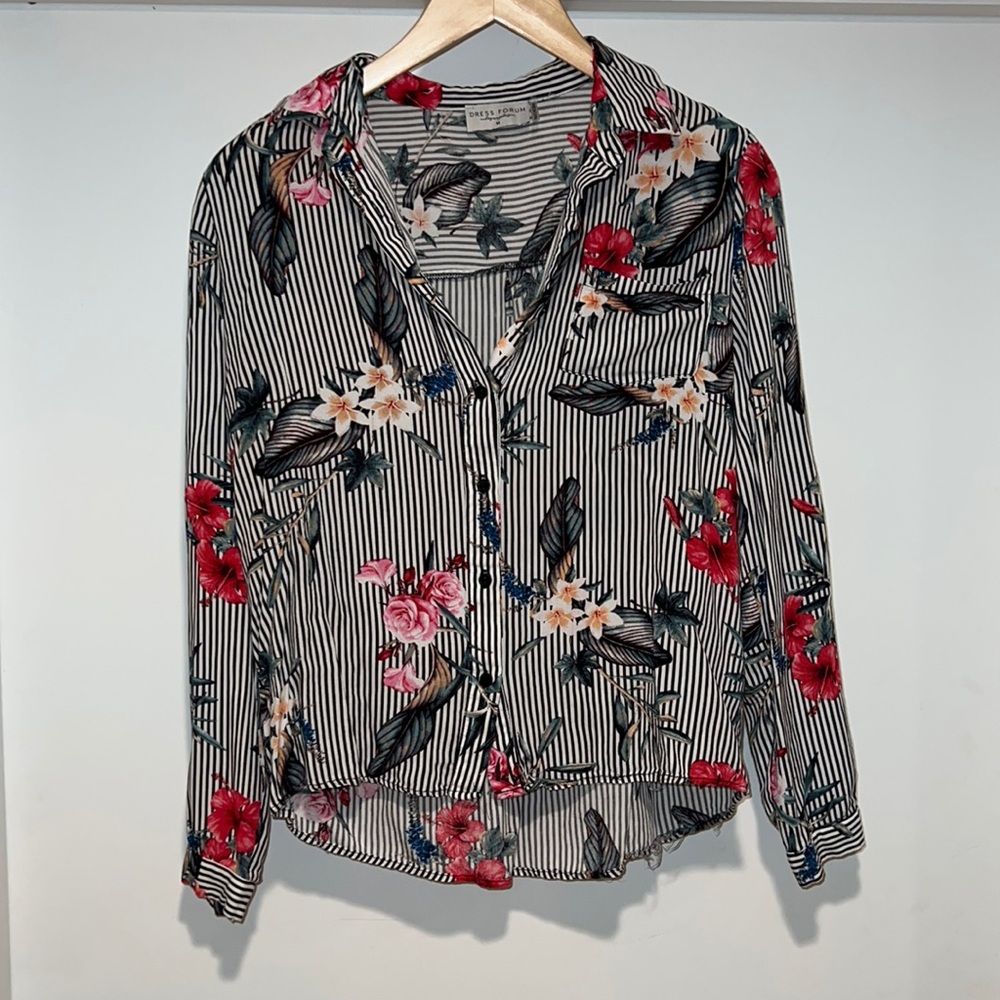 Black and white striped buttoned shirt with pink floral print